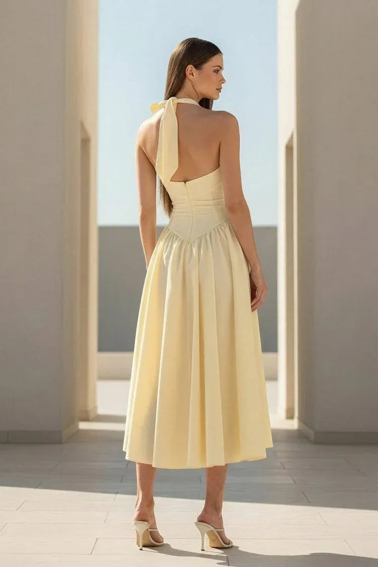 Elegant Satin A-Line Halter Sleeveless Open-Back Tea-Length Homecoming Dress