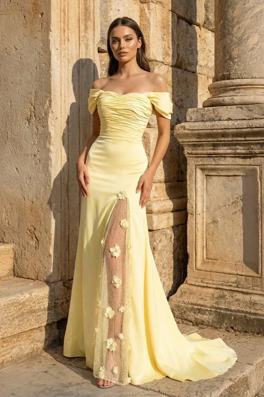 Elegant Butter Yellow Satin Mermaid Off-Shoulder Short-Sleeve Lace-Up Floor-Length Prom Dress