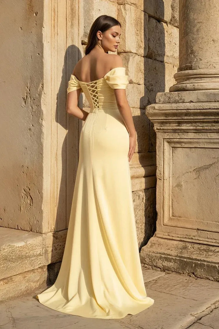 Elegant Butter Yellow Satin Mermaid Off-Shoulder Short-Sleeve Lace-Up Floor-Length Prom Dress