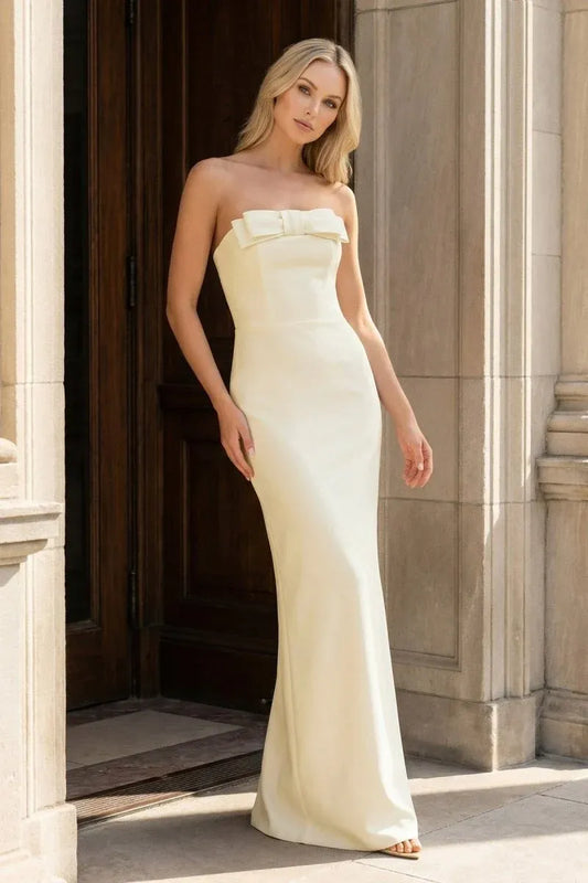 Elegant Satin Sheath Strapless Sleeveless Lace-Up Back Floor-Length Prom Dress