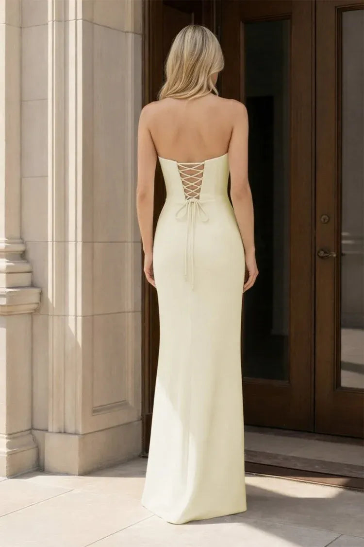 Elegant Satin Sheath Strapless Sleeveless Lace-Up Back Floor-Length Prom Dress