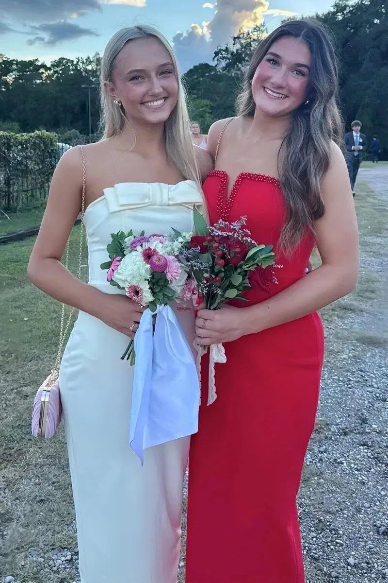 Elegant Satin Sheath Strapless Sleeveless Lace-Up Back Floor-Length Prom Dress