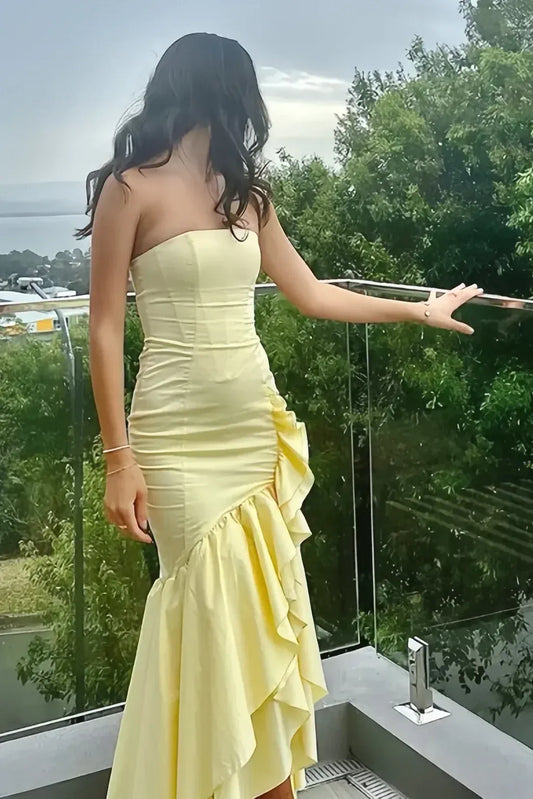 Elegant Satin Sheath Strapless Sleeveless Straight-Back Ruffled Floor-Length Prom Dress