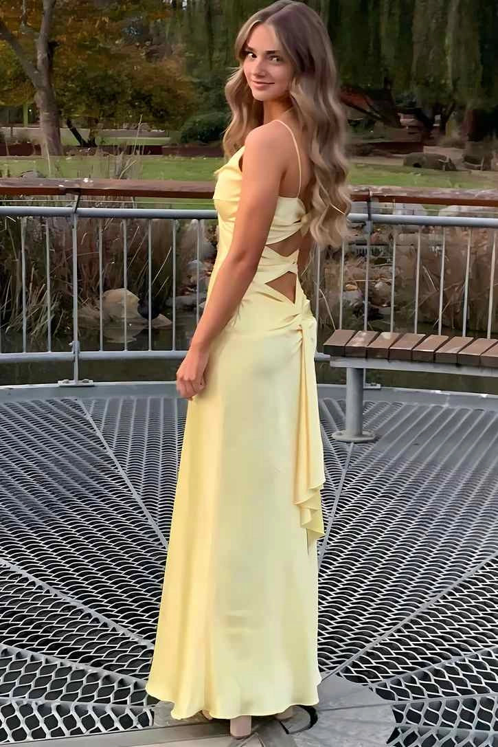 Elegant Sheath V-Neck Sleeveless Tie-Back Yellow Satin Floor-Length Prom Dress