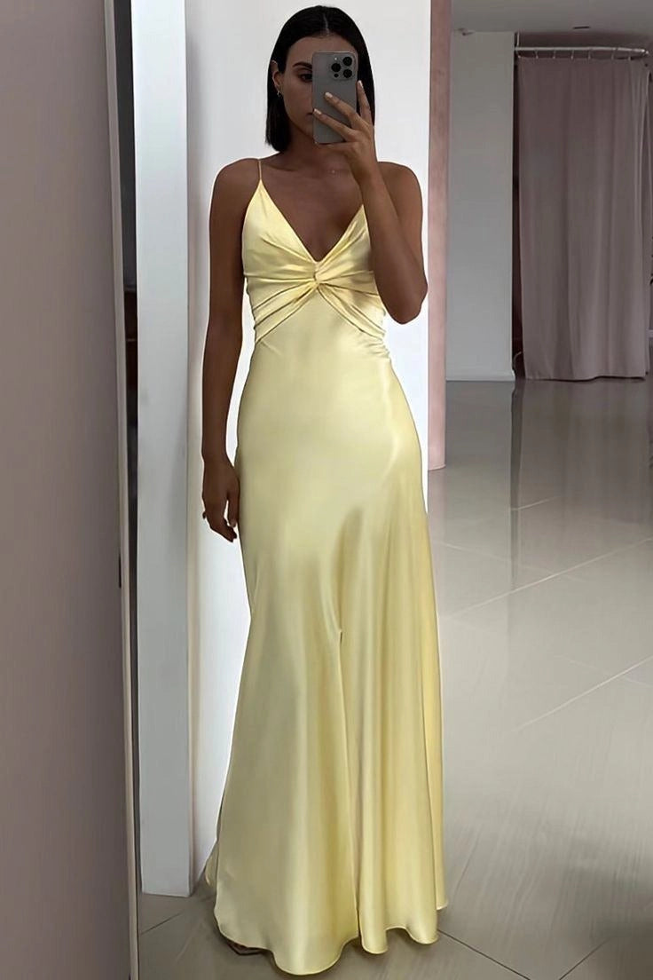 Elegant Sheath V-Neck Sleeveless Tie-Back Yellow Satin Floor-Length Prom Dress