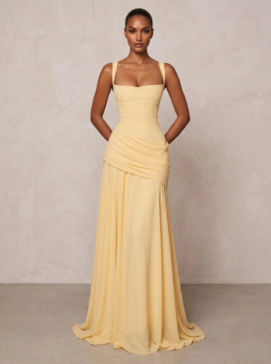 Loverlm butter yellow square neck wedding guest dress with ruched waist and flowing skirt