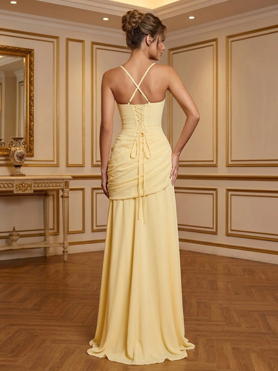 Elegant A-Line Square Neck Sleeveless Lace-Up Flowing Floor Length Wedding Guest Dress