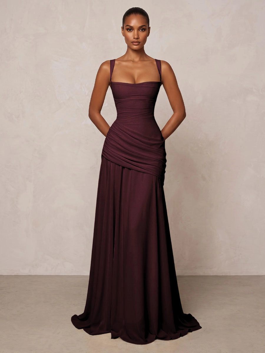 Elegant A-Line Square Neck Sleeveless Lace-Up Flowing Floor Length Wedding Guest Dress