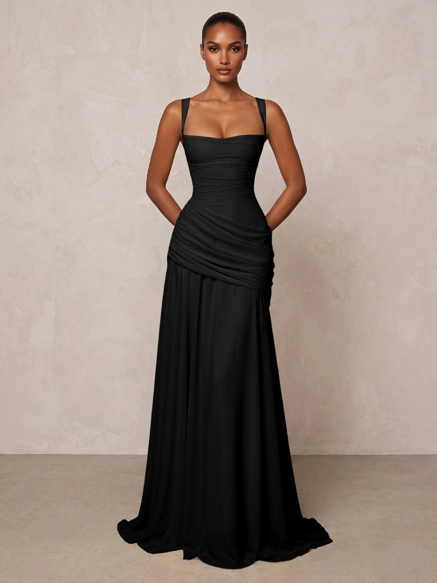 Elegant A-Line Square Neck Sleeveless Lace-Up Flowing Floor Length Wedding Guest Dress