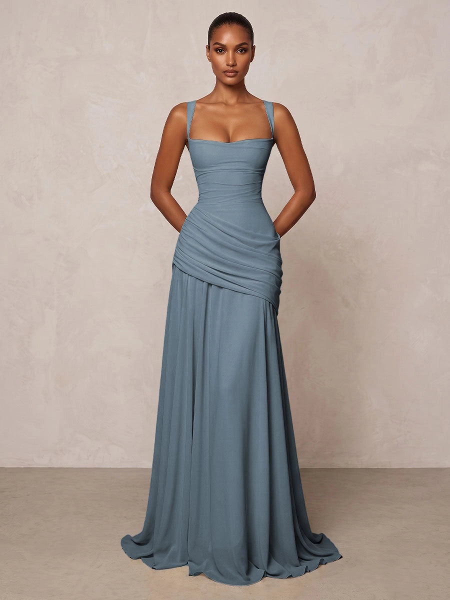 Elegant A-Line Square Neck Sleeveless Lace-Up Flowing Floor Length Wedding Guest Dress