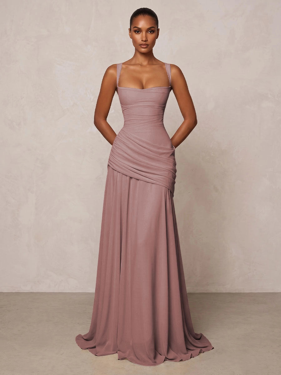 Elegant A-Line Square Neck Sleeveless Lace-Up Flowing Floor Length Wedding Guest Dress