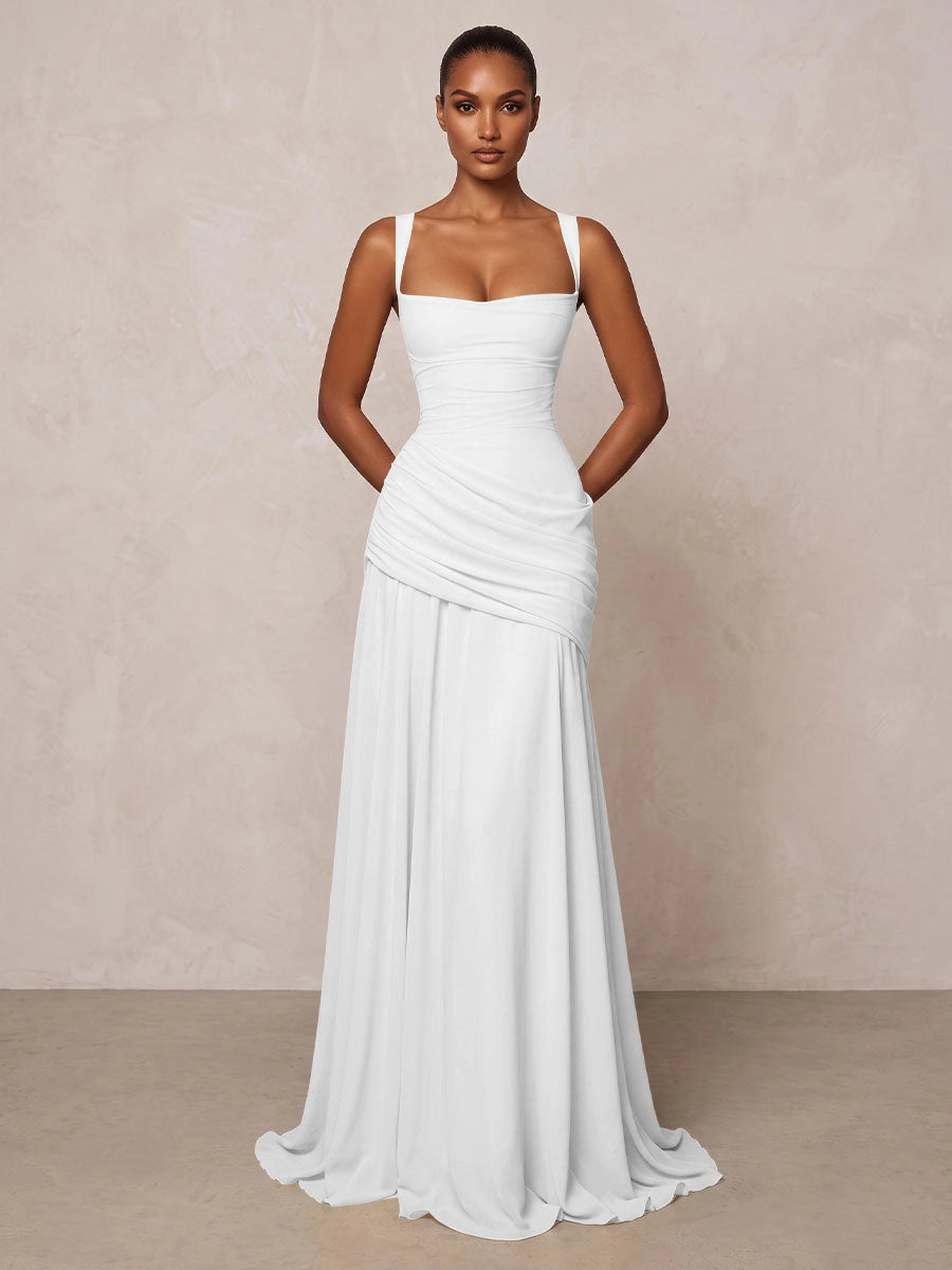 Elegant A-Line Square Neck Sleeveless Lace-Up Flowing Floor Length Wedding Guest Dress