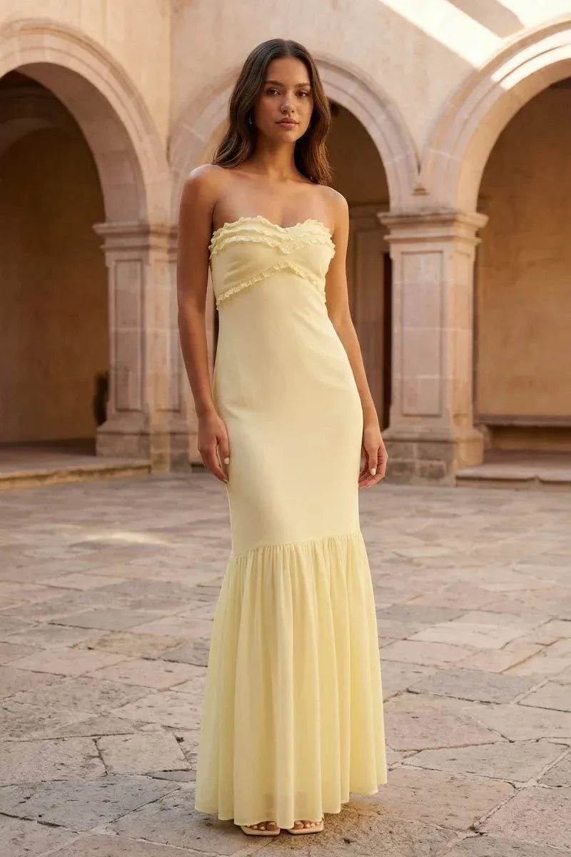 Loverlm butter yellow strapless chiffon prom dress with ruffle neckline and floor length skirt front view