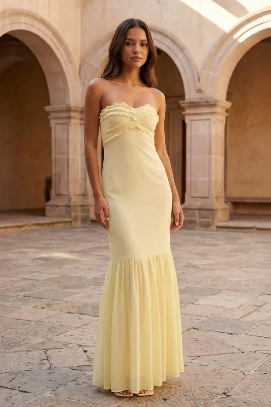 Loverlm butter yellow strapless chiffon prom dress with ruffle neckline and floor length skirt front view