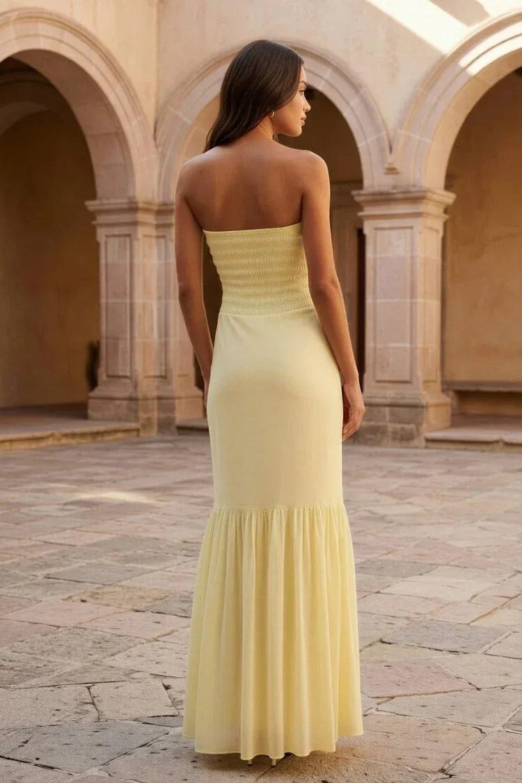 Romantic Chiffon Sheath Strapless Sleeveless Smocked Back Floor Length Prom Dress