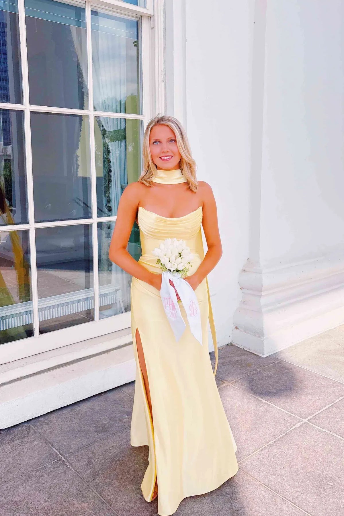 Loverlm butter yellow strapless prom dress with cowl neckline scarf detail fitted waist thigh-high slit and floor-length column skirt