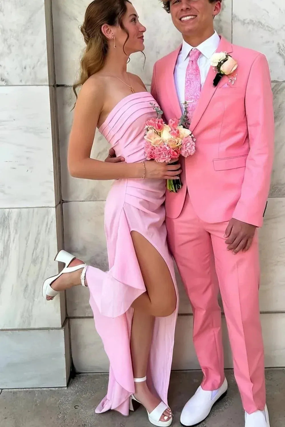 Elegant Ruched Sheath Bandeau Strapless High Slit Floor Length Prom Dress