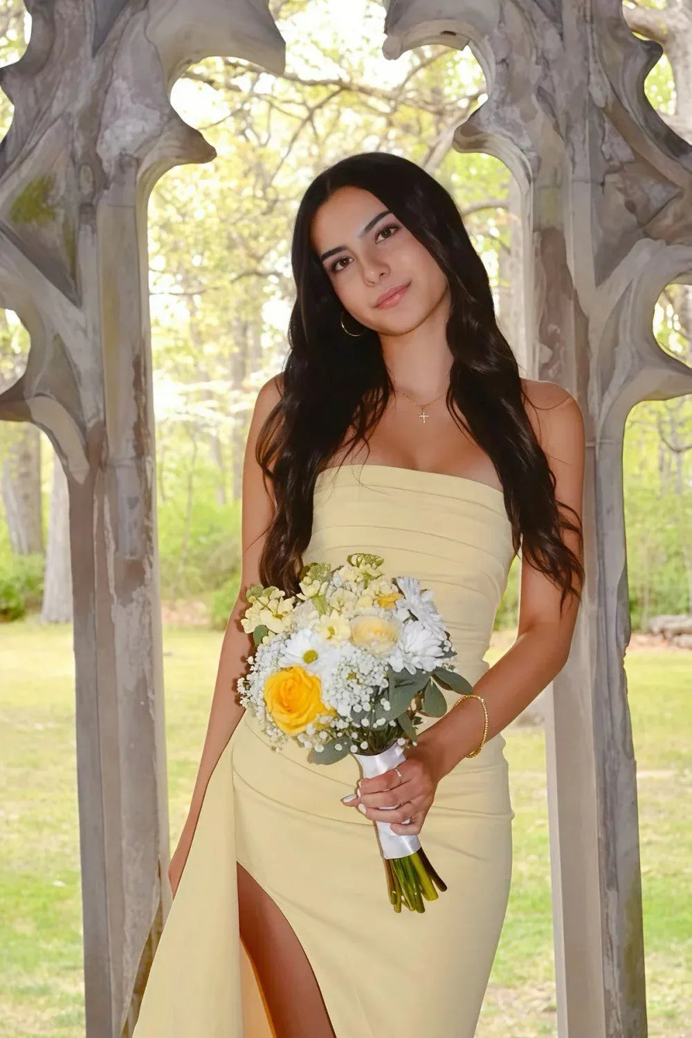 Elegant Ruched Sheath Bandeau Strapless High Slit Floor Length Prom Dress