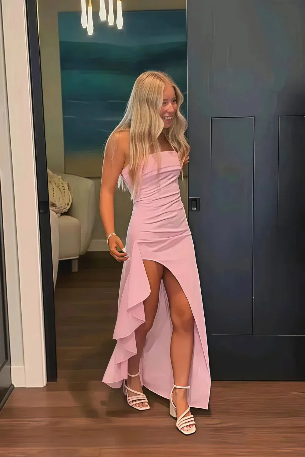Elegant Ruched Sheath Bandeau Strapless High Slit Floor Length Prom Dress