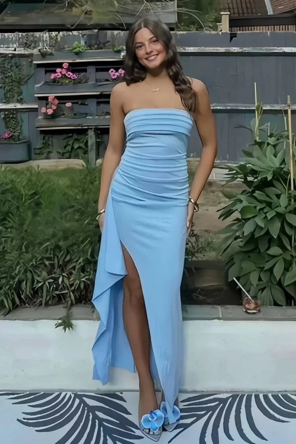 Elegant Ruched Sheath Bandeau Strapless High Slit Floor Length Prom Dress