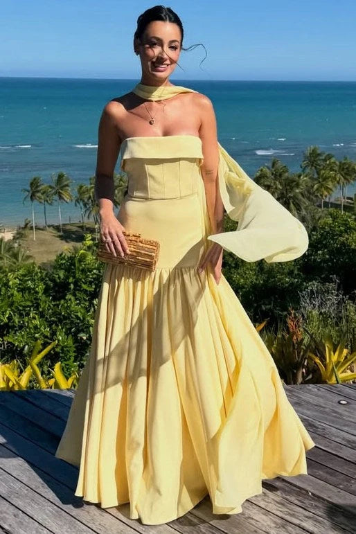 Loverlm butter yellow strapless prom dress with straight neckline fitted drop-waist bodice scarf detail and flowing floor-length skirt