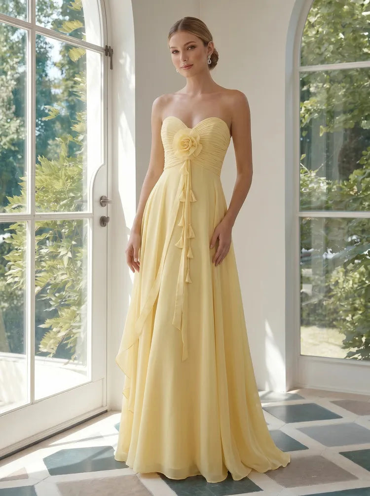 Loverlm butter yellow strapless bridesmaid dress front view with ruched sweetheart bodice, 3D rose appliqué and flowing floor-length A-line chiffon skirt