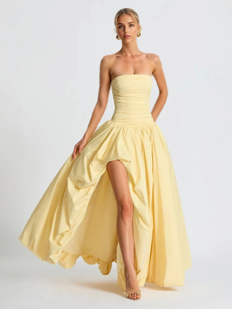 Loverlm butter yellow strapless taffeta high-low ball gown prom dress front view