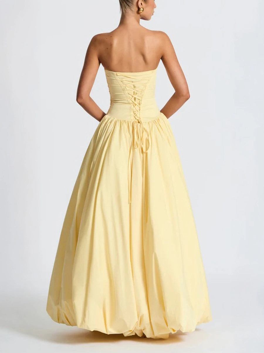 Chic Taffeta Ball-Gown Straight-Neck Strapless Lace-Up-Back High-Low Ruffle Floor-Length Prom Dress