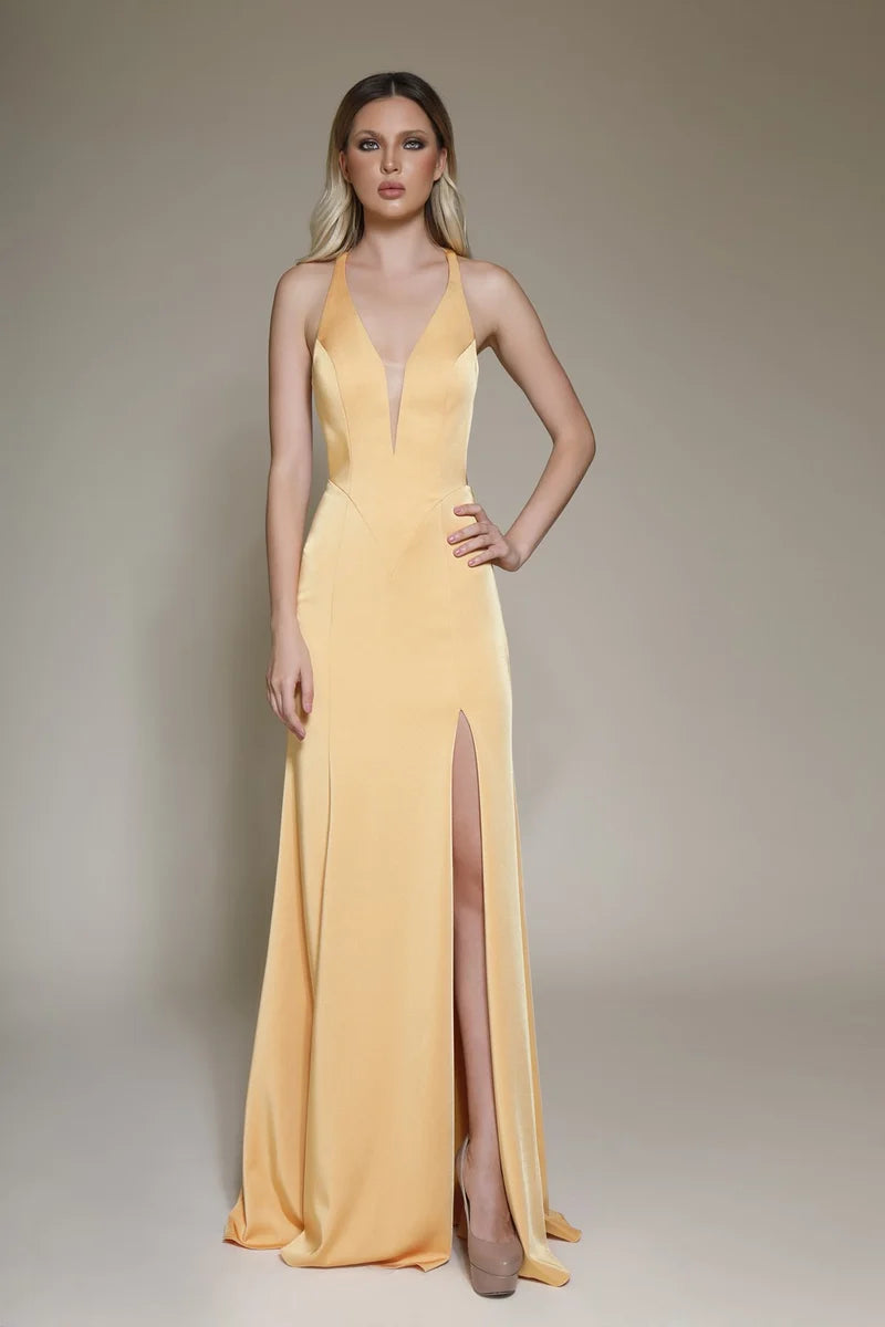 Loverlm canary yellow prom dress with plunging V-neck sheer inset high slit and fitted floor-length sheath silhouette