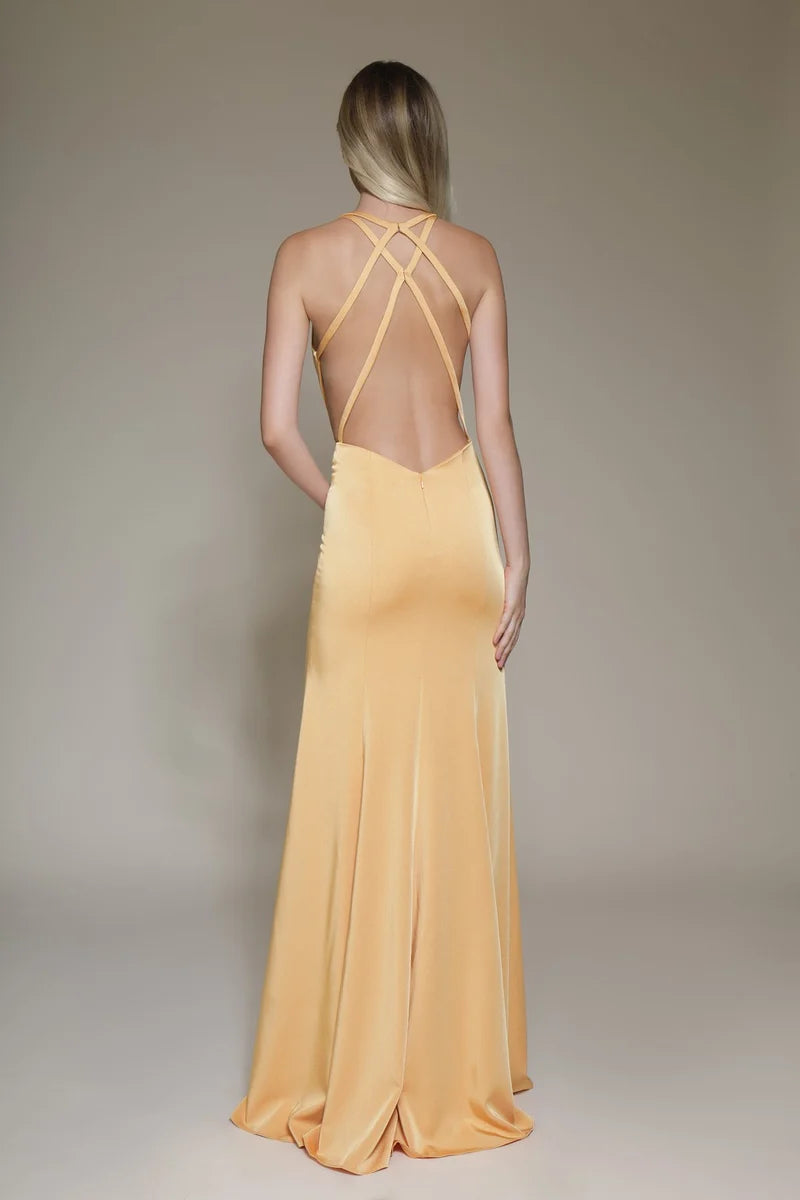 Sleek Sheath Plunging V-Neck Sleeveless Crisscross-Back Floor-Length Prom Dress