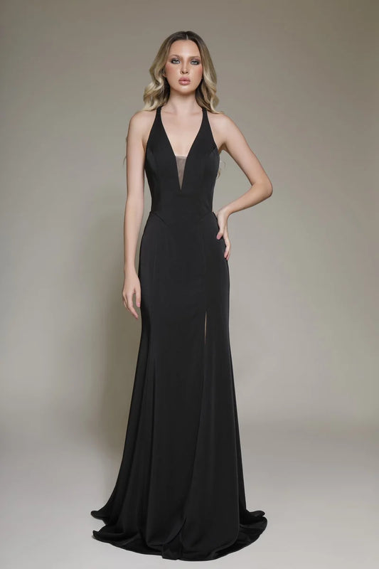 Sleek Sheath Plunging V-Neck Sleeveless Crisscross-Back Floor-Length Prom Dress