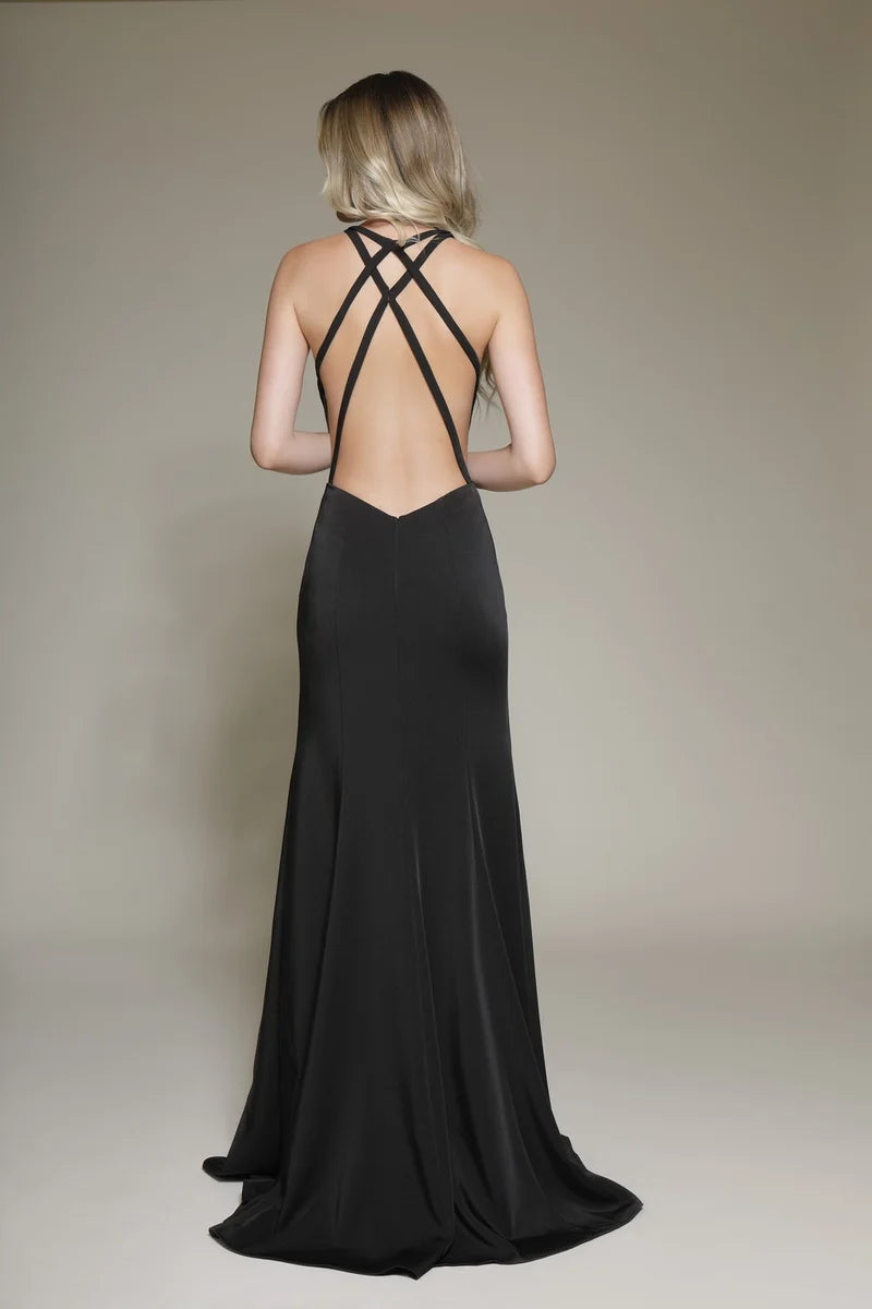Sleek Sheath Plunging V-Neck Sleeveless Crisscross-Back Floor-Length Prom Dress
