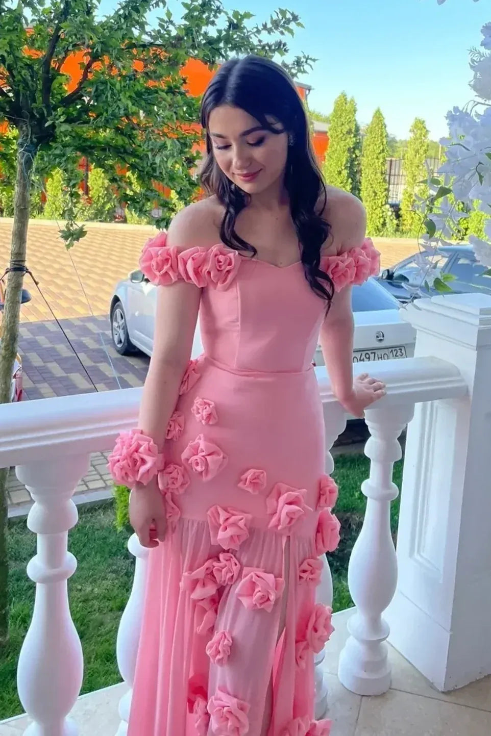 Romantic Mermaid Off-Shoulder Floral Short-Sleeve Floor-Length Formal Prom Dress