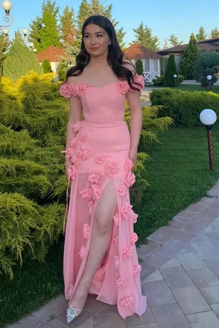 Loverlm candy pink mermaid prom dress with off shoulder neckline, 3D floral appliques and high slit front view
