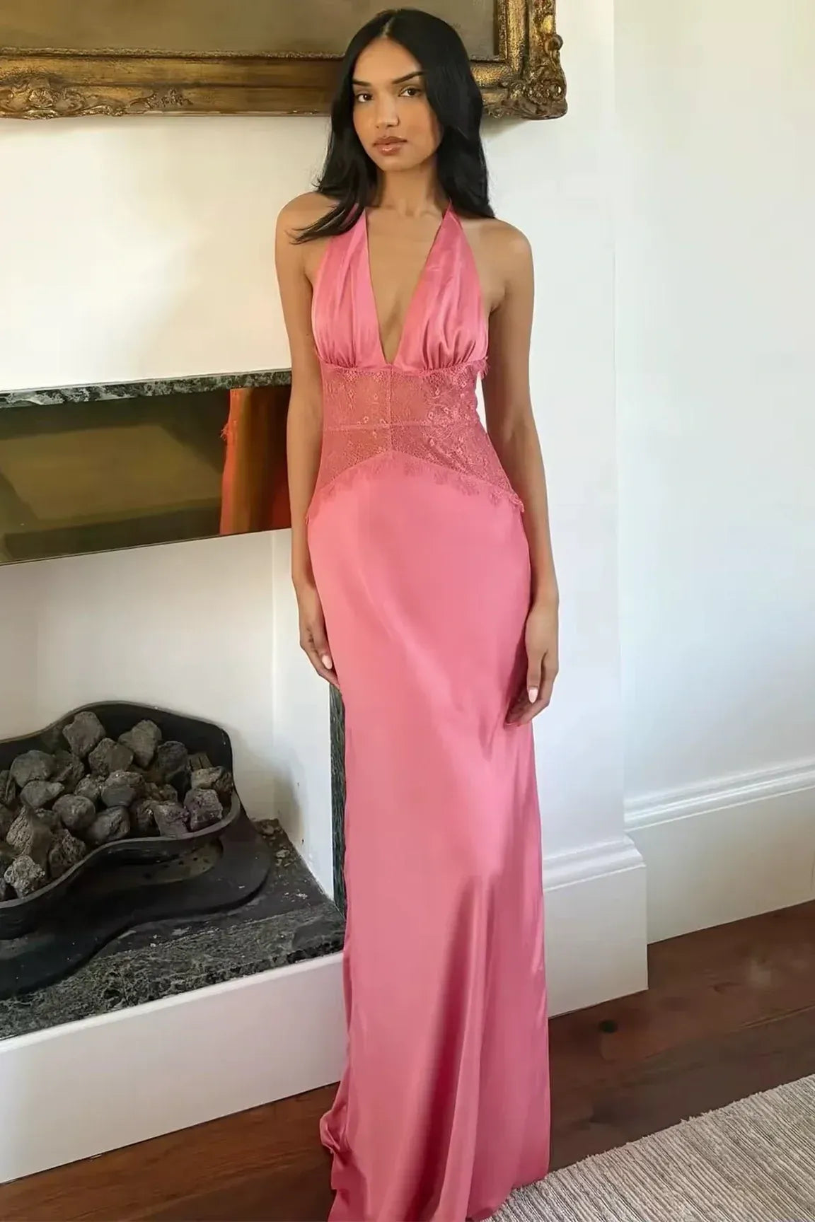Loverlm candy pink satin lace prom dress with a deep V halter neckline, sheer lace waist panel and fitted mermaid-inspired skirt.