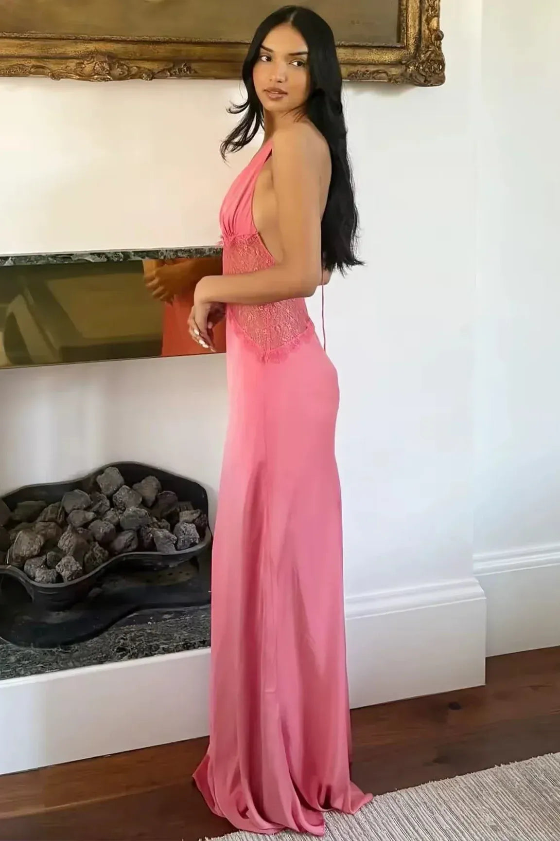Charming Satin Lace Mermaid Deep V Neck Halter Open Back Long Prom Dress