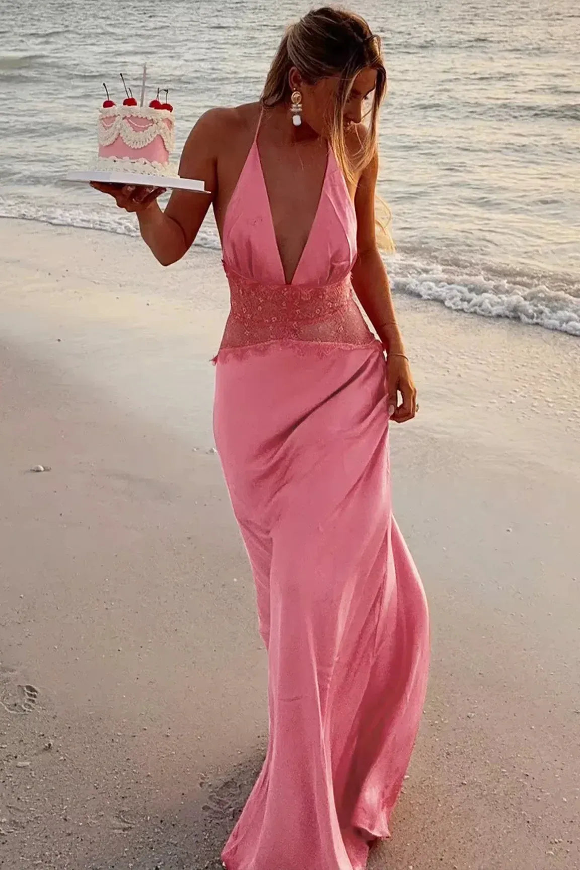 Charming Satin Lace Mermaid Deep V Neck Halter Open Back Long Prom Dress