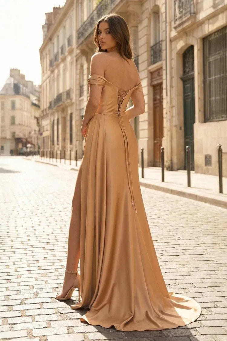 Elegant Satin Mermaid Off-Shoulder Short-Sleeve Lace-Up Floor-Length Prom Dress