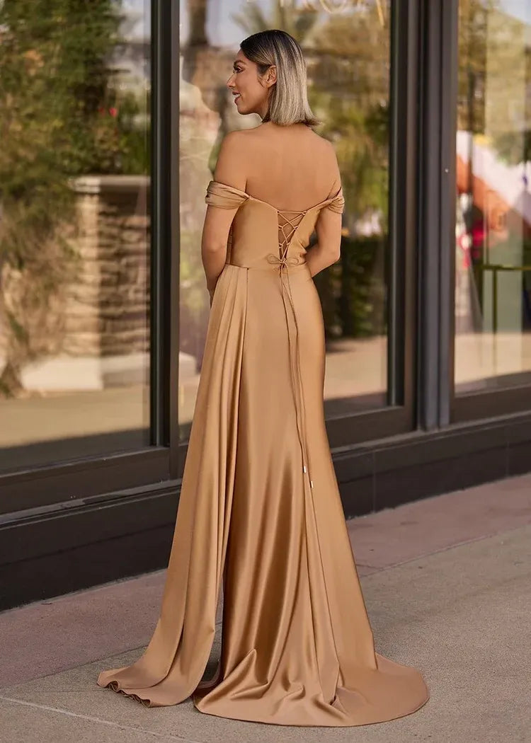 Elegant Satin Mermaid Off-Shoulder Short-Sleeve Lace-Up Floor-Length Prom Dress