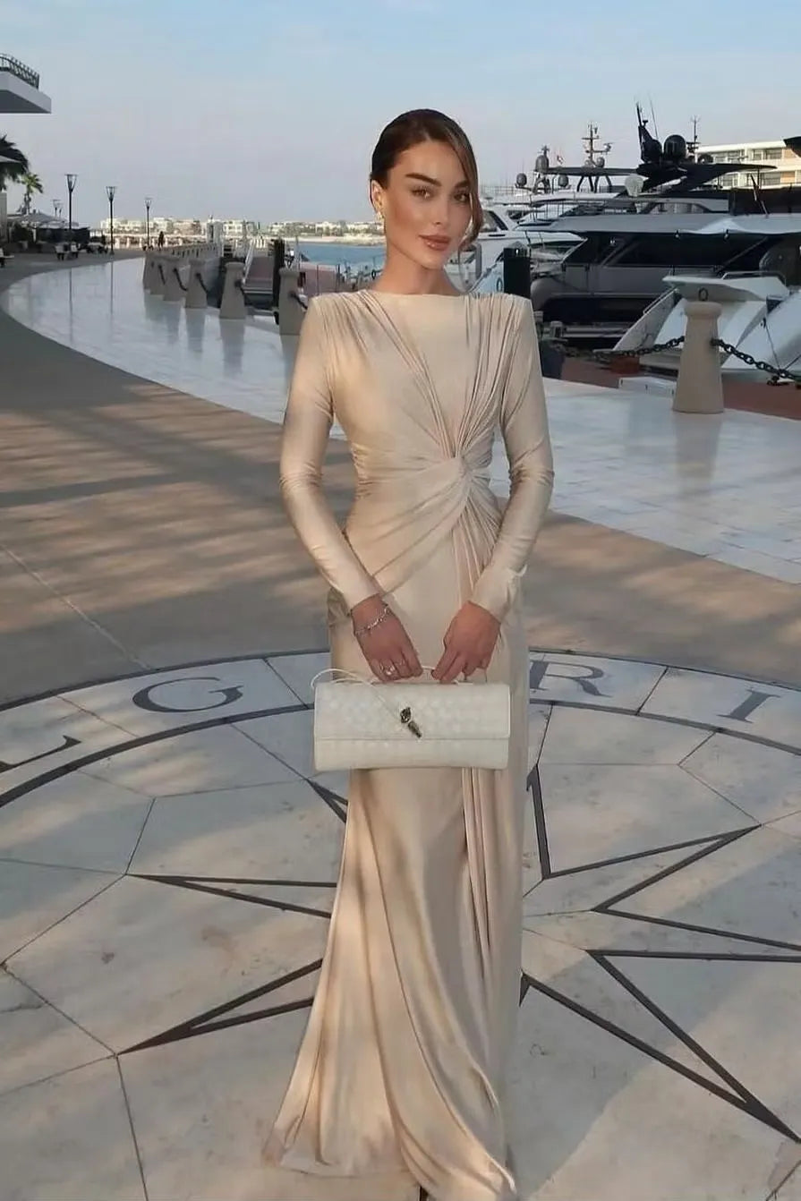 Loverlm champagne evening dress with bateau neckline long sleeves ruched waist and sleek floor-length sheath silhouette