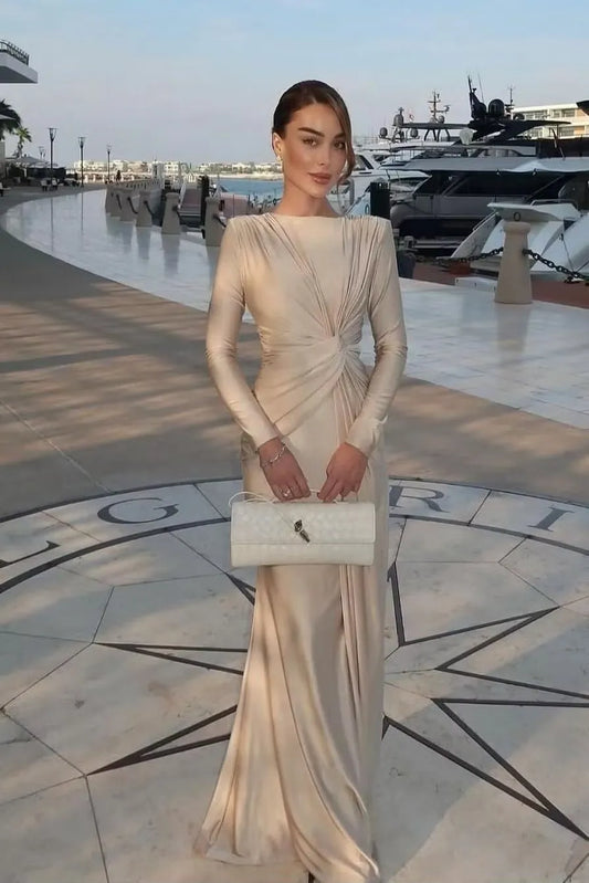 Loverlm champagne evening dress with bateau neckline long sleeves ruched waist and sleek floor-length sheath silhouette