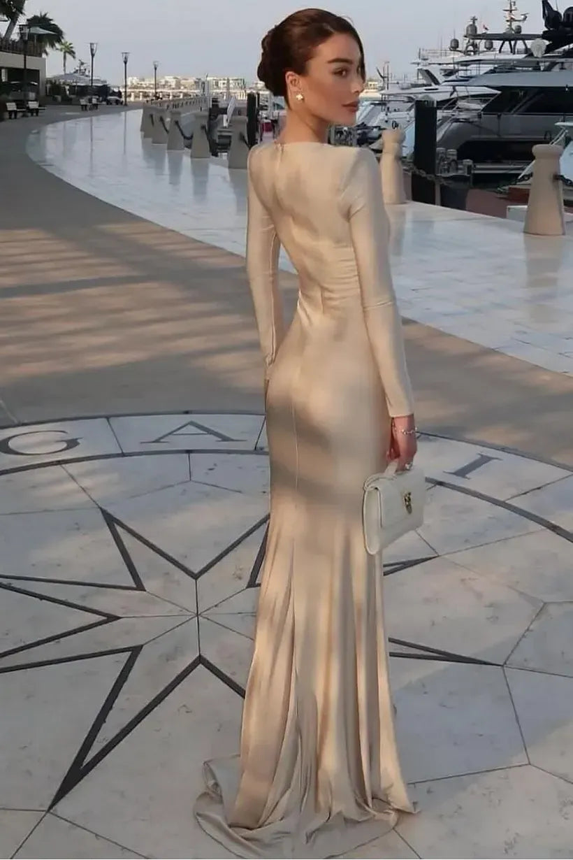 Elegant Sheath Bateau Long-Sleeve Closed-Back Floor-Length Evening Dress