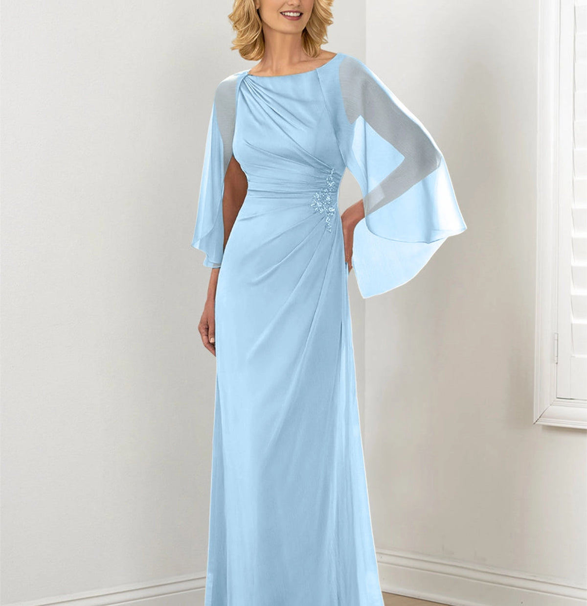 Elegant Sheath Bateau Neck Cape Sleeve Covered Back Draped Floor Length Mother of the Bride Dress
