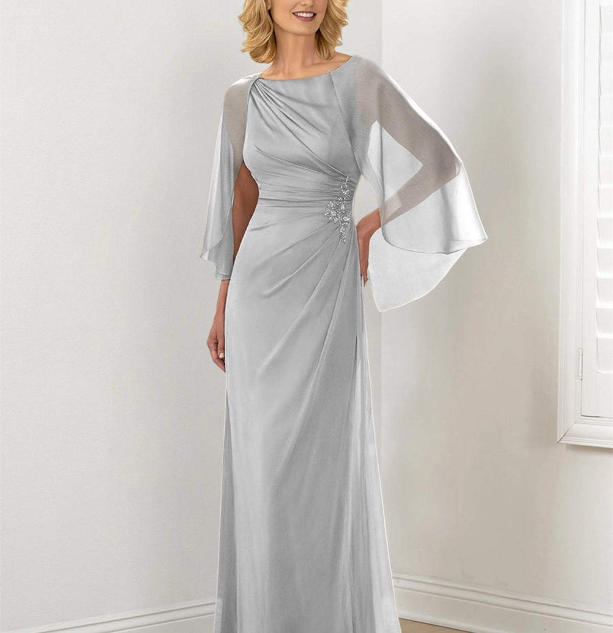 Elegant Sheath Bateau Neck Cape Sleeve Covered Back Draped Floor Length Mother of the Bride Dress