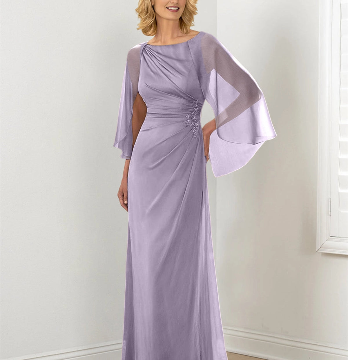 Elegant Sheath Bateau Neck Cape Sleeve Covered Back Draped Floor Length Mother of the Bride Dress
