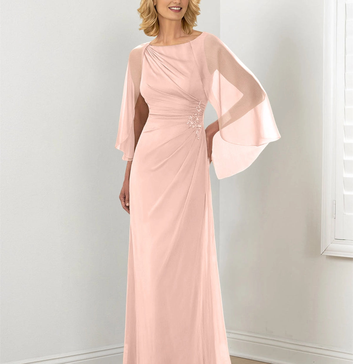 Elegant Sheath Bateau Neck Cape Sleeve Covered Back Draped Floor Length Mother of the Bride Dress