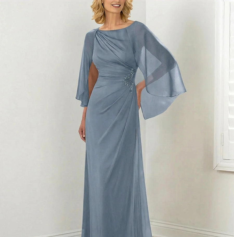 Elegant Sheath Bateau Neck Cape Sleeve Covered Back Draped Floor Length Mother of the Bride Dress
