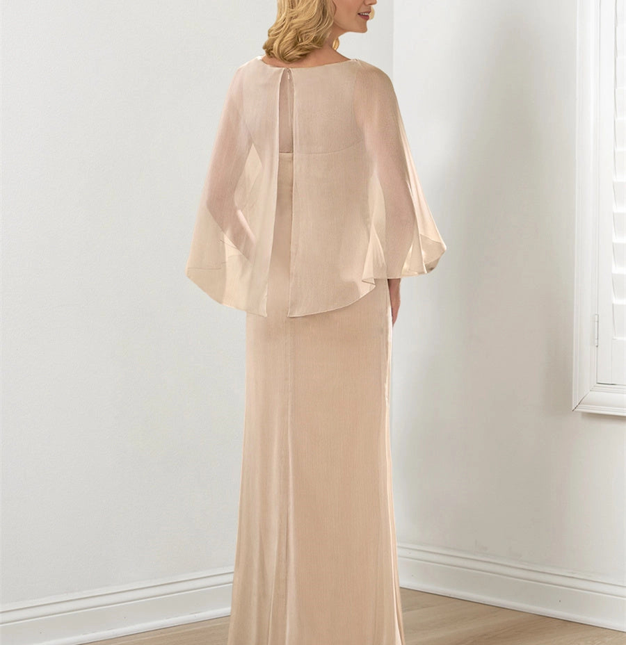 Elegant Sheath Bateau Neck Cape Sleeve Covered Back Draped Floor Length Mother of the Bride Dress