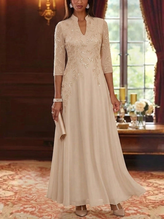 Loverlm champagne beaded 3/4 sleeve A-line Mother of the Bride dress front view