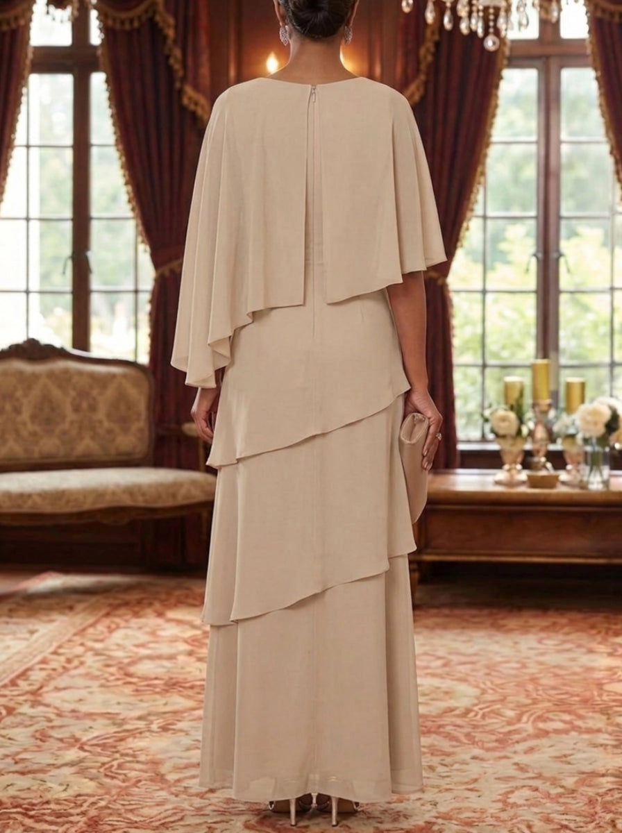 Elegant A-Line Jewel Neck Cape Sleeve Zipper Back Tiered Floor Length Mother of the Bride Dress